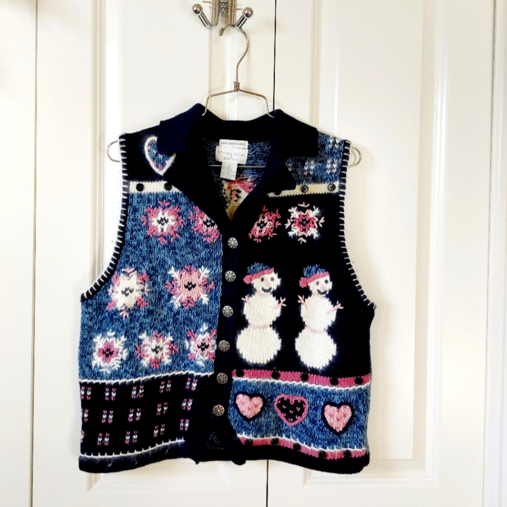 Blue & Pink Snowman Vest Hand Embroidered‎ Medium Chistopher & Banks